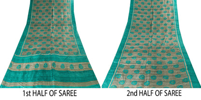 Sanskriti Vintage Gray-Green Pure Bamboo Saree HandBlock Kalamkari 6+YD Fabric