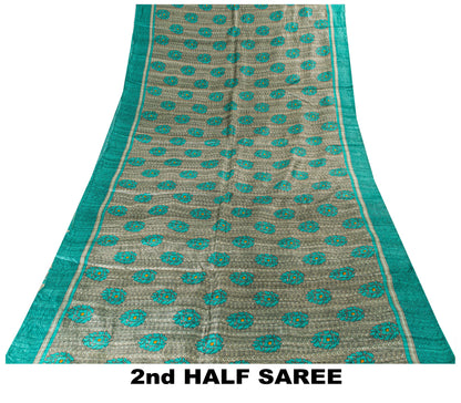 Sanskriti Vintage Saree Gray-Green 100% Pure Bamboo Saree Handblock Kalamkari 6+Yd Fabric Uses-Table linen, Cushions, Curtains, Dressing