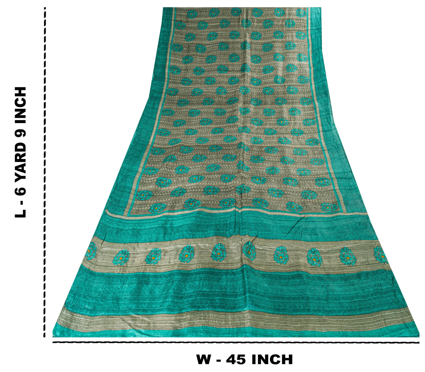Sanskriti Vintage Gray-Green Pure Bamboo Saree HandBlock Kalamkari 6+YD Fabric
