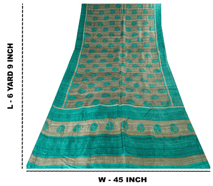 Sanskriti Vintage Gray-Green Pure Bamboo Saree HandBlock Kalamkari 6+YD Fabric