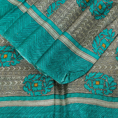 Sanskriti Vintage Saree Gray-Green 100% Pure Bamboo Saree Handblock Kalamkari 6+Yd Fabric Uses-Table linen, Cushions, Curtains, Dressing