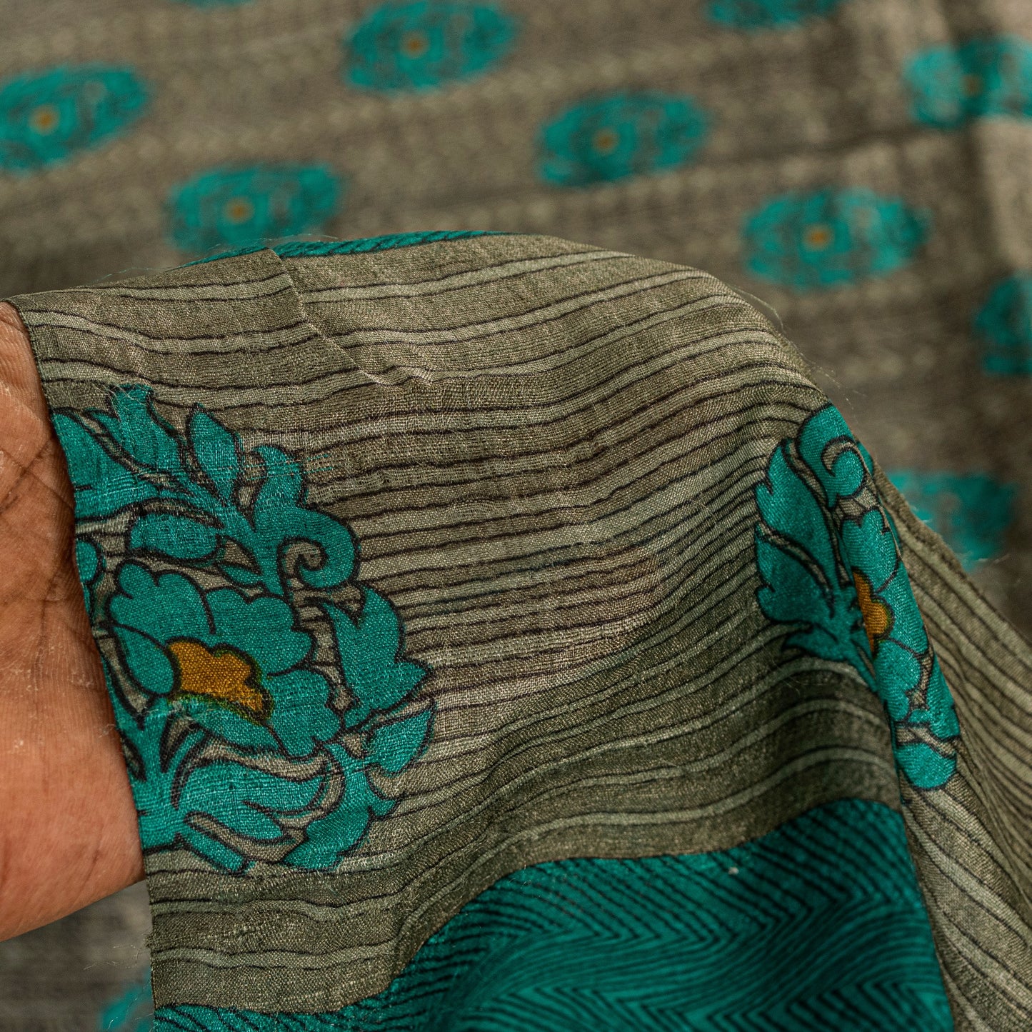 Sanskriti Vintage Gray-Green Pure Bamboo Saree HandBlock Kalamkari 6+YD Fabric