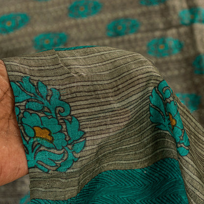 Sanskriti Vintage Gray-Green Pure Bamboo Saree HandBlock Kalamkari 6+YD Fabric