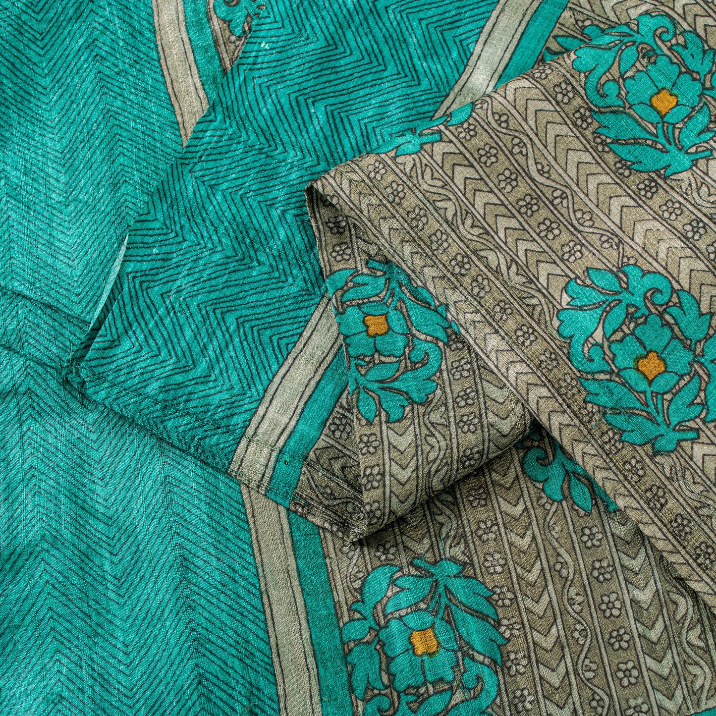 Sanskriti Vintage Saree Gray-Green 100% Pure Bamboo Saree Handblock Kalamkari 6+Yd Fabric Uses-Table linen, Cushions, Curtains, Dressing