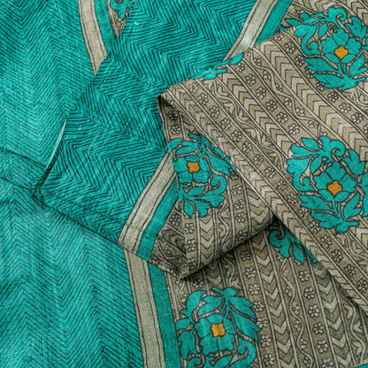 Sanskriti Vintage Saree Gray-Green 100% Pure Bamboo Saree Handblock Kalamkari 6+Yd Fabric Uses-Table linen, Cushions, Curtains, Dressing