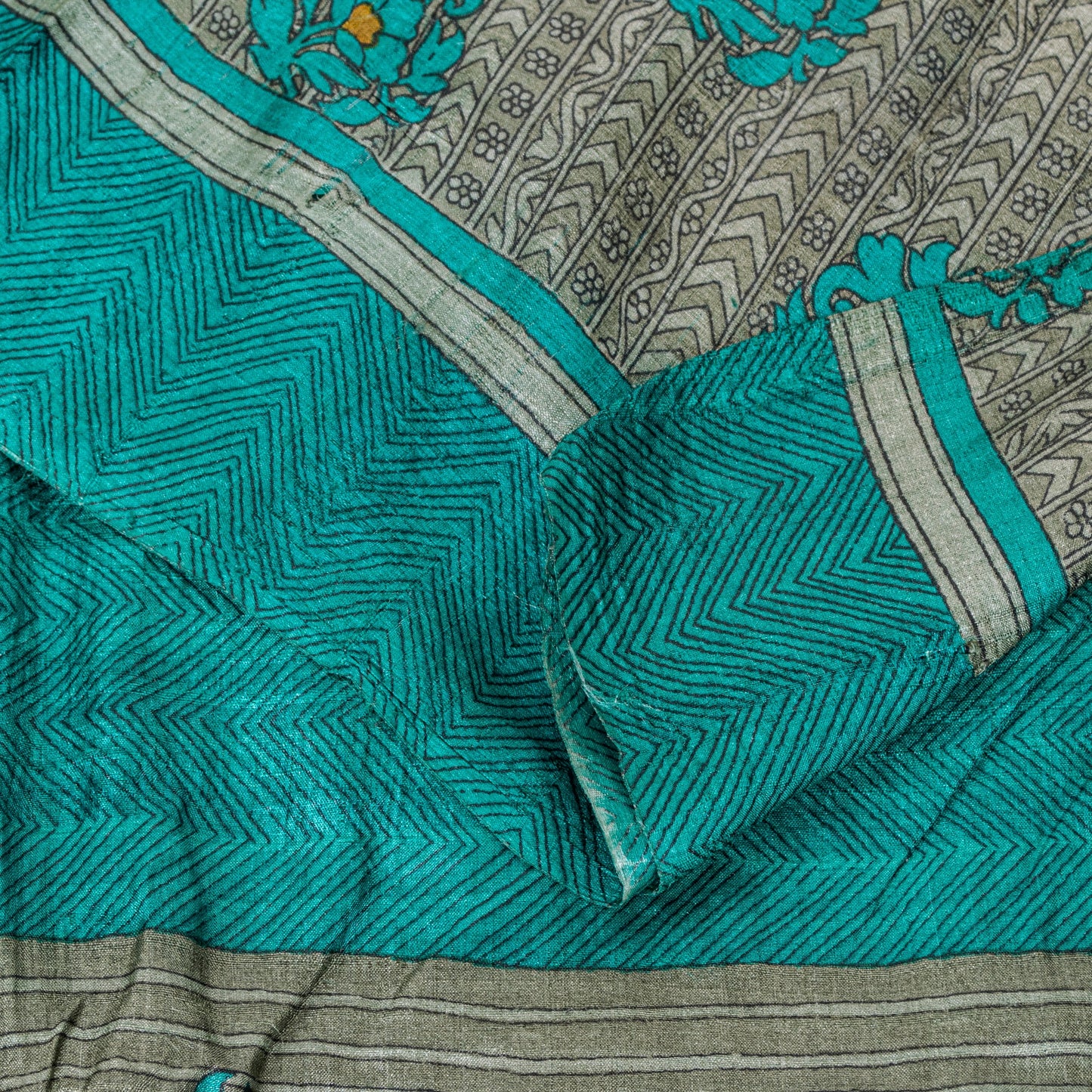 Sanskriti Vintage Saree Gray-Green 100% Pure Bamboo Saree Handblock Kalamkari 6+Yd Fabric Uses-Table linen, Cushions, Curtains, Dressing