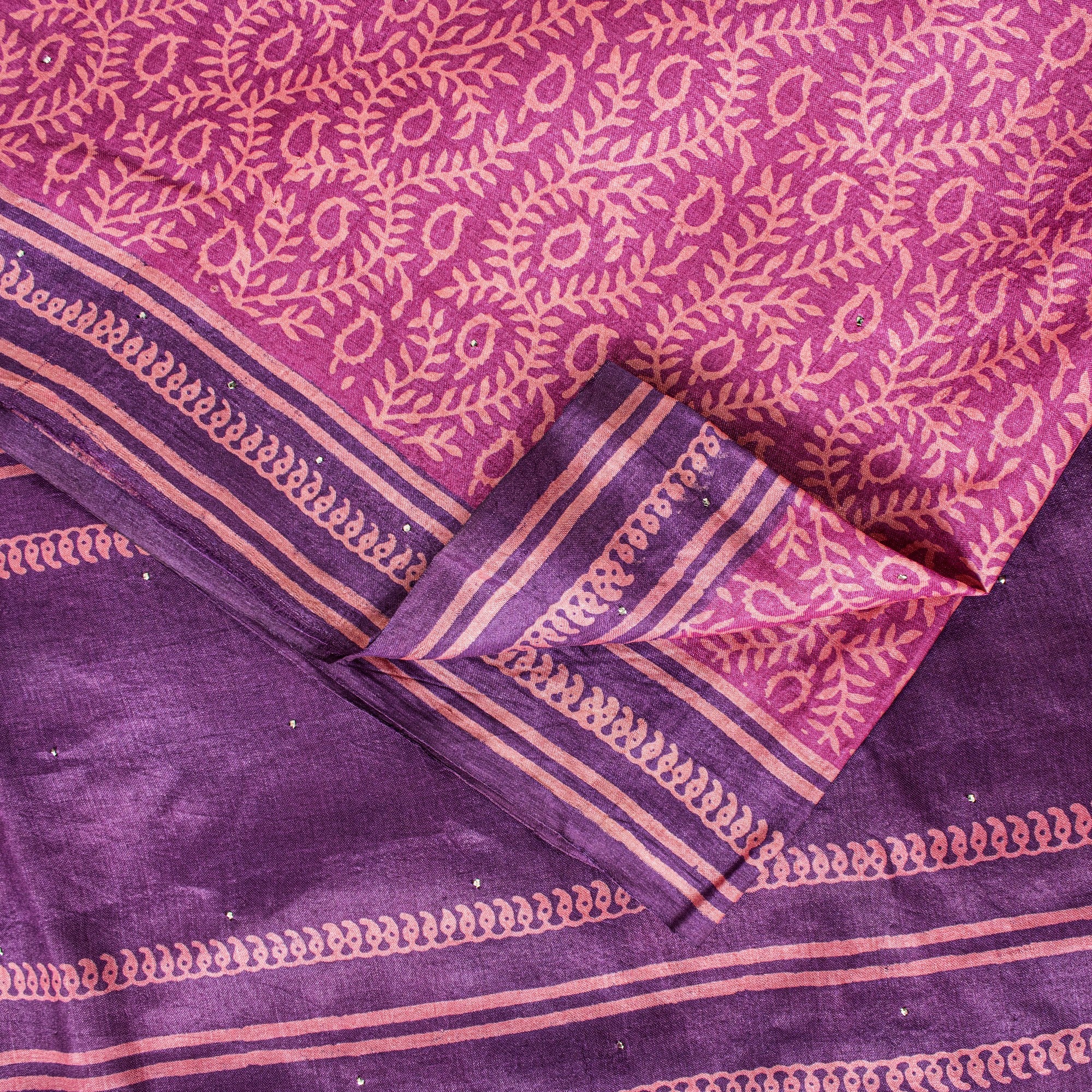 Sanskriti Vintage Pink-Purple Pure Bamboo Silk Saree Hand Block Print 6YD Fabric