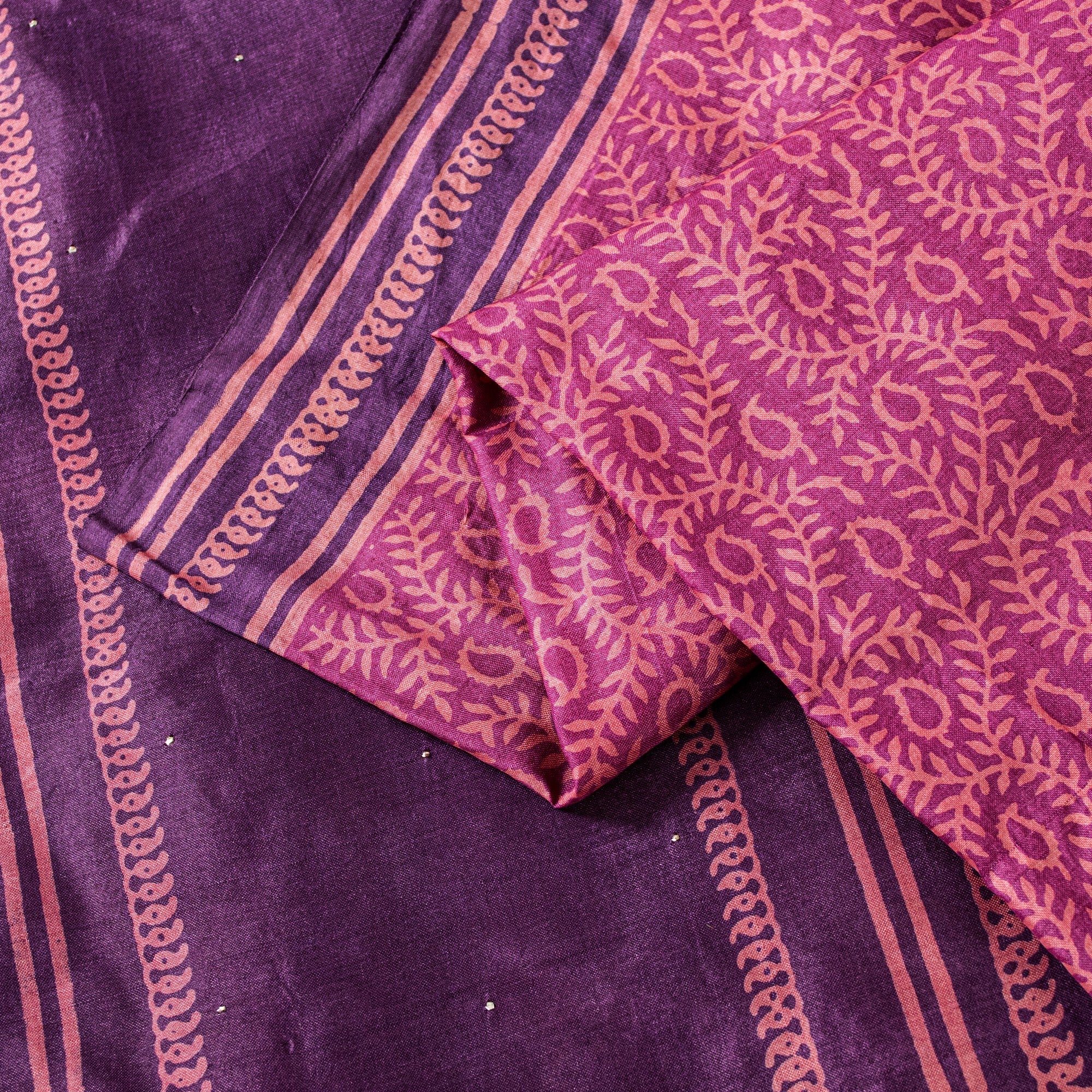 Sanskriti Vintage Pink-Purple Pure Bamboo Silk Saree Hand Block Print 6YD Fabric