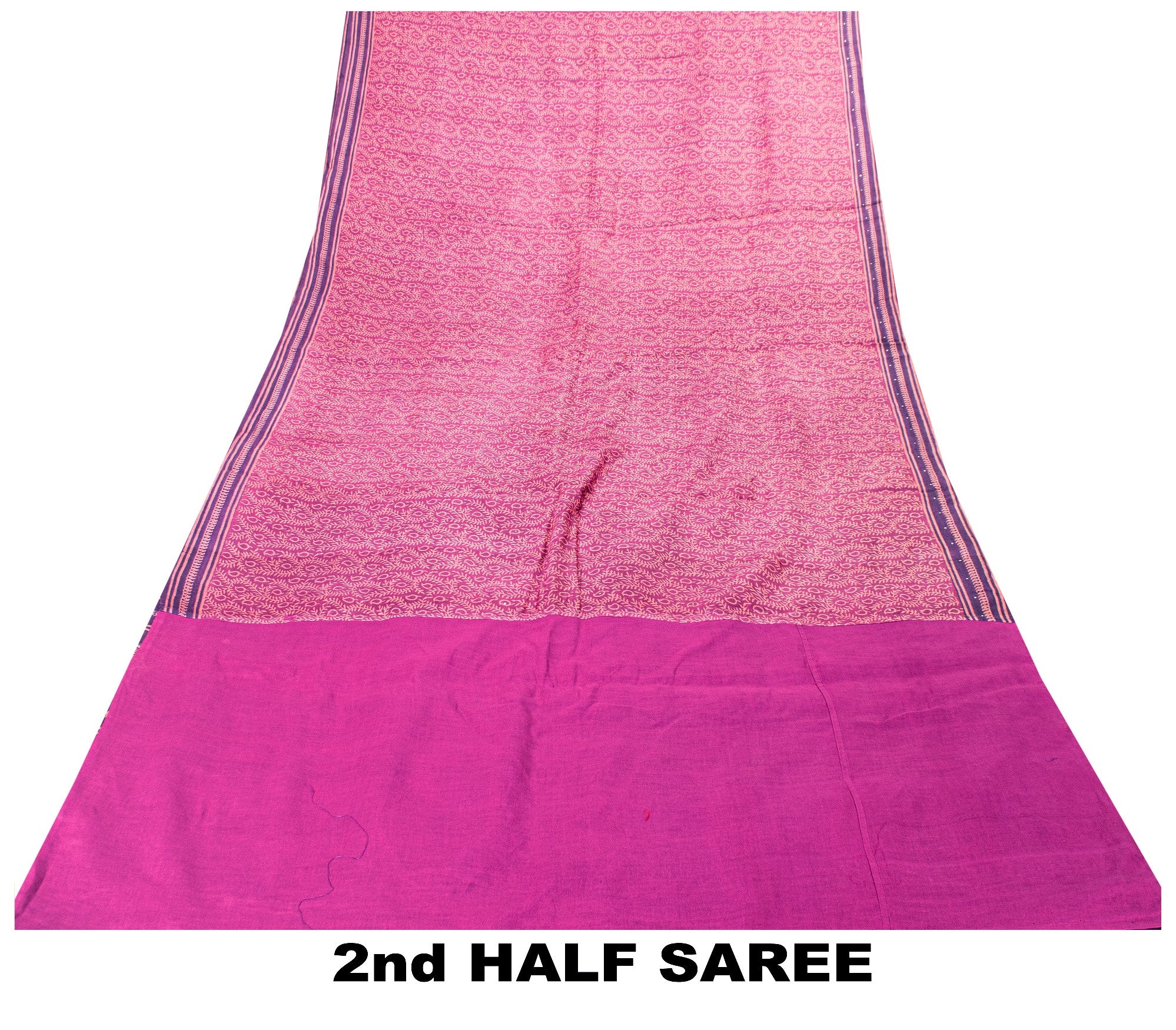 Sanskriti Vintage Pink-Purple Pure Bamboo Silk Saree Hand Block Print 6YD Fabric