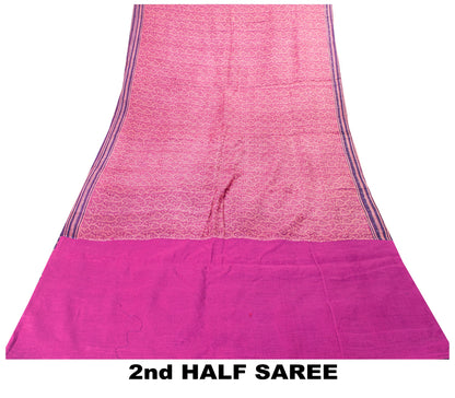 Sanskriti Vintage Saree Pink-Purple 100% Pure Bamboo Silk Hand Block Print 6Yd Fabric Uses-Table linen, Cushions, Curtains, Dressing