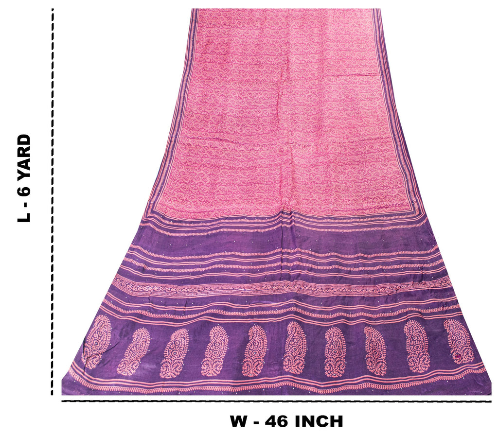 Sanskriti Vintage Pink-Purple Pure Bamboo Silk Saree Hand Block Print 6YD Fabric