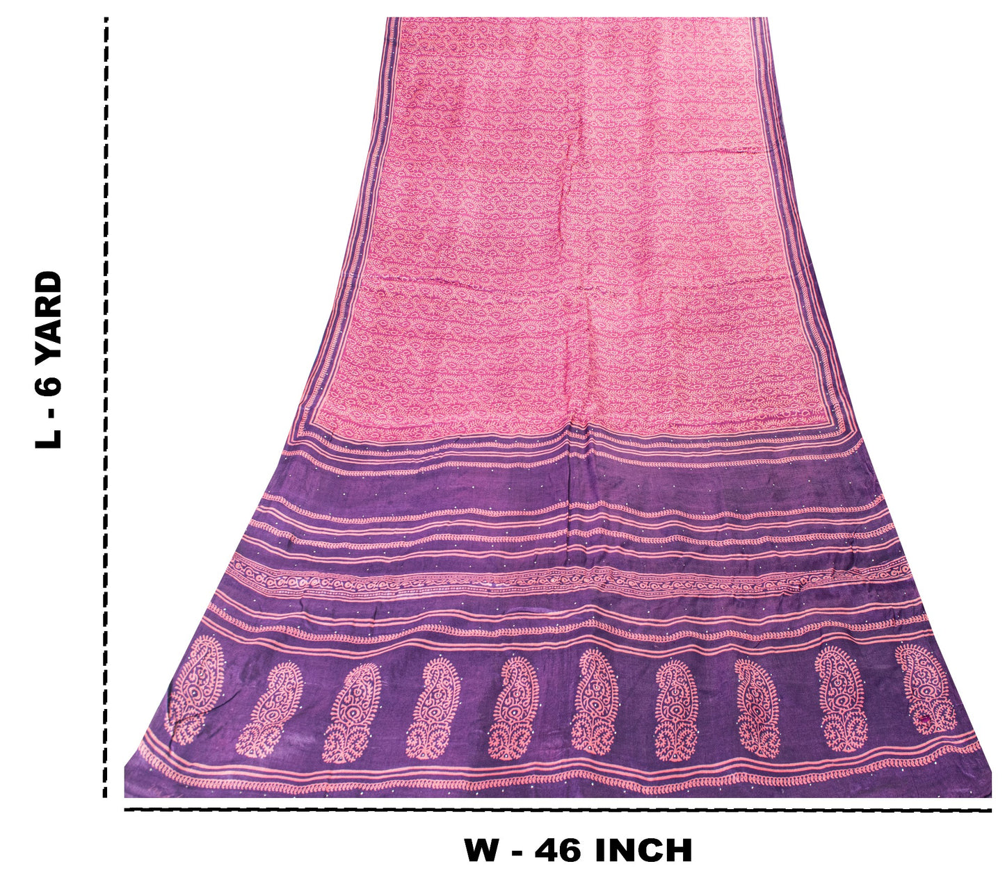 Sanskriti Vintage Saree Pink-Purple 100% Pure Bamboo Silk Hand Block Print 6Yd Fabric Uses-Table linen, Cushions, Curtains, Dressing