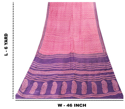 Sanskriti Vintage Saree Pink-Purple 100% Pure Bamboo Silk Hand Block Print 6Yd Fabric Uses-Table linen, Cushions, Curtains, Dressing