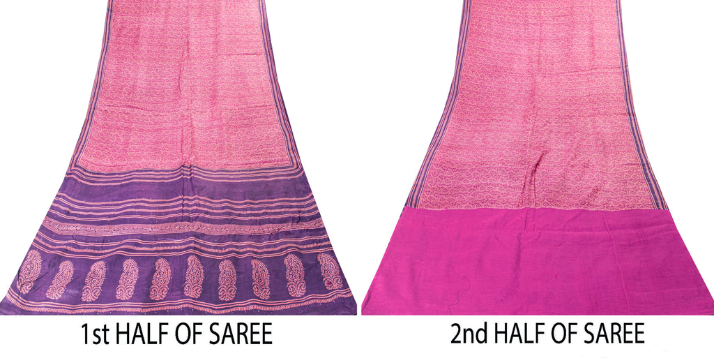 Sanskriti Vintage Pink-Purple Pure Bamboo Silk Saree Hand Block Print 6YD Fabric