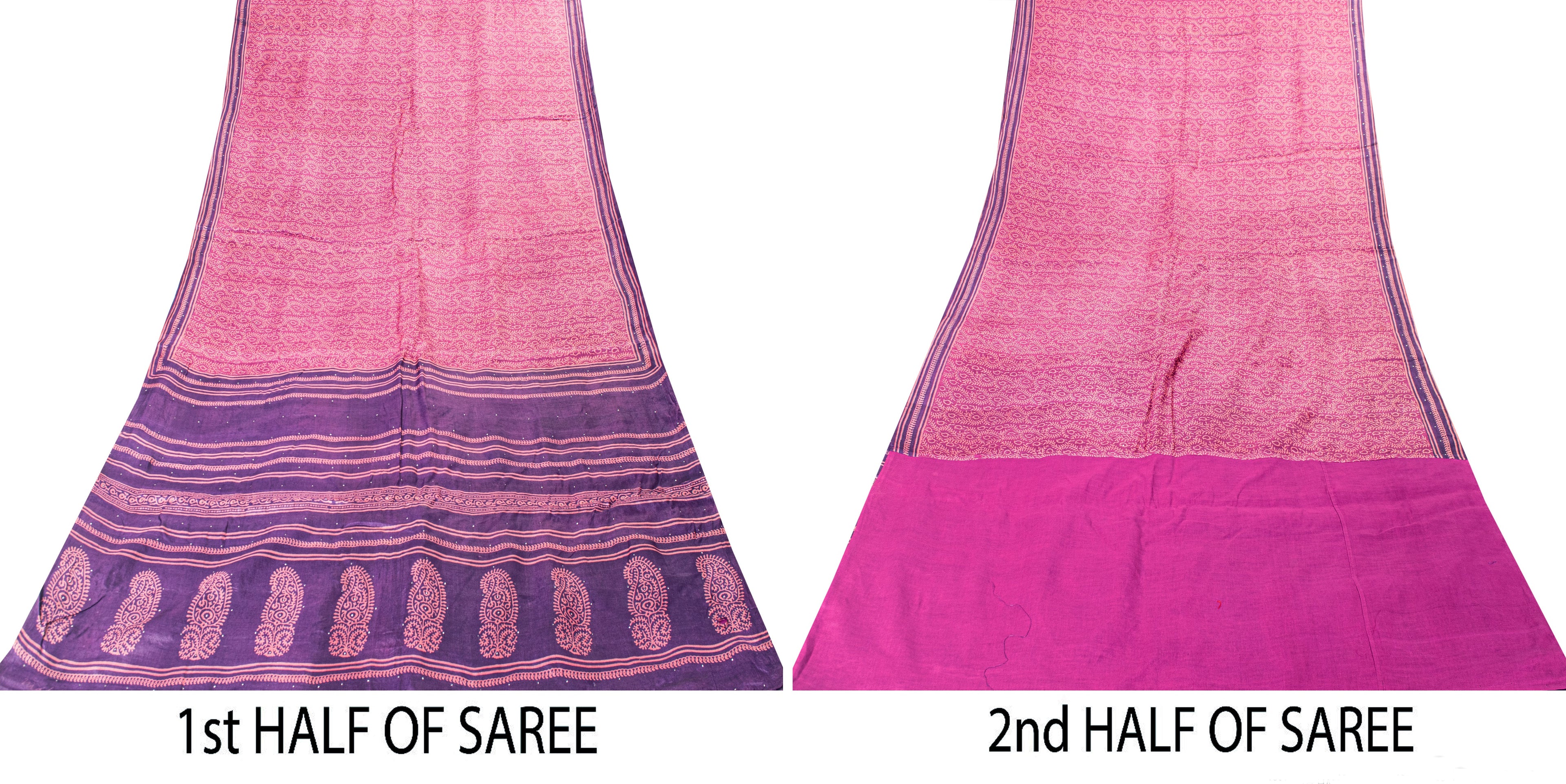 Sanskriti Vintage Pink-Purple Pure Bamboo Silk Saree Hand Block Print 6YD Fabric