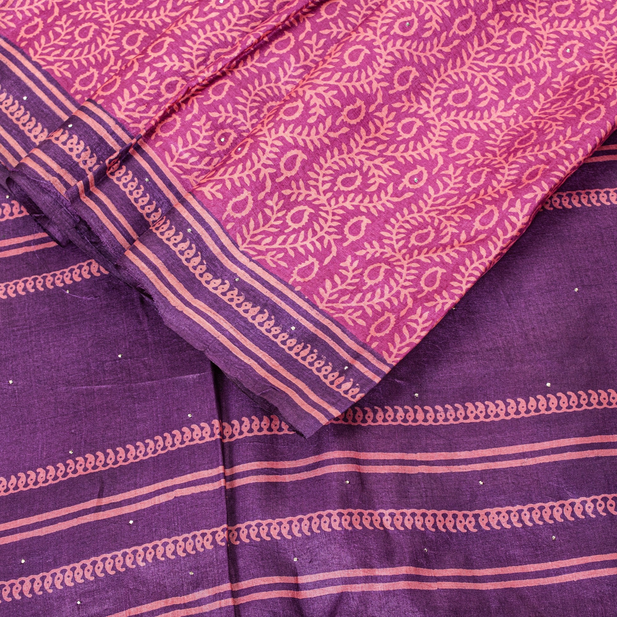 Sanskriti Vintage Pink-Purple Pure Bamboo Silk Saree Hand Block Print 6YD Fabric