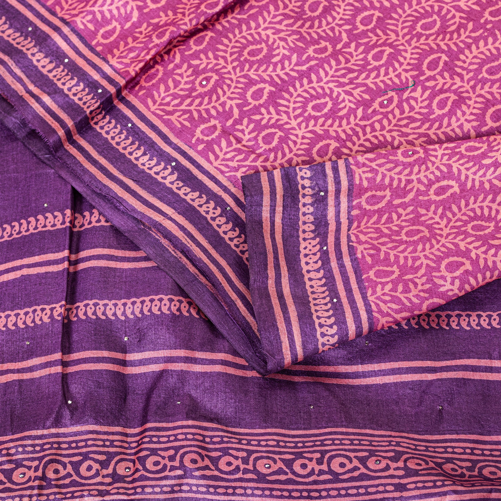 Sanskriti Vintage Pink-Purple Pure Bamboo Silk Saree Hand Block Print 6YD Fabric