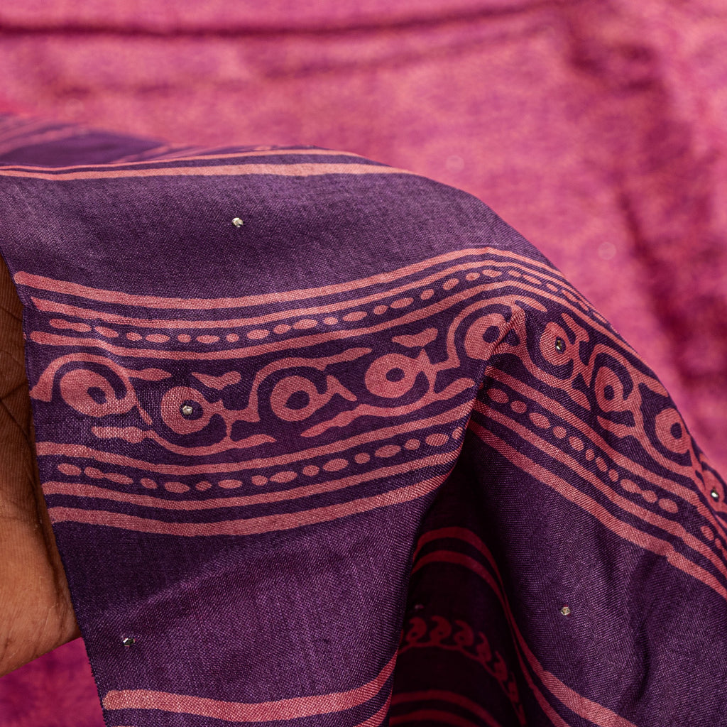 Sanskriti Vintage Pink-Purple Pure Bamboo Silk Saree Hand Block Print 6YD Fabric