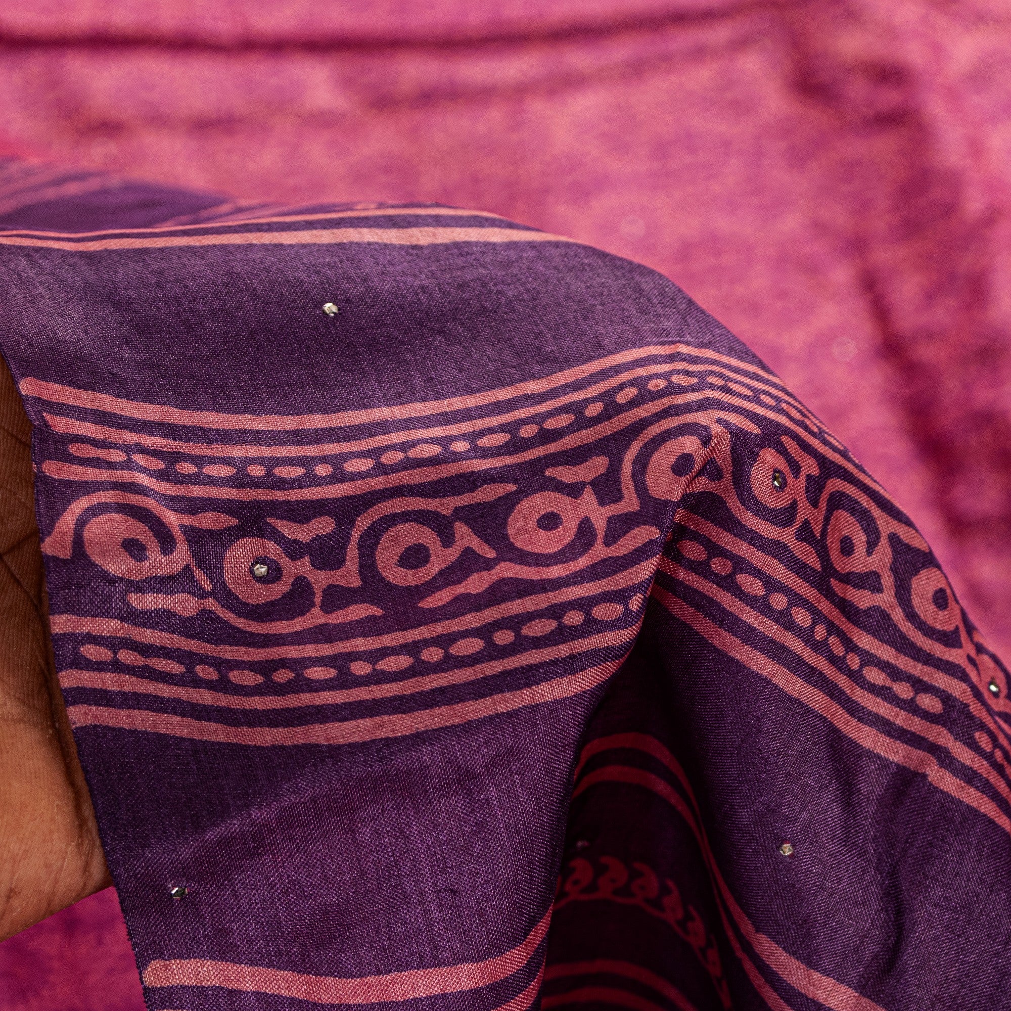 Sanskriti Vintage Pink-Purple Pure Bamboo Silk Saree Hand Block Print 6YD Fabric