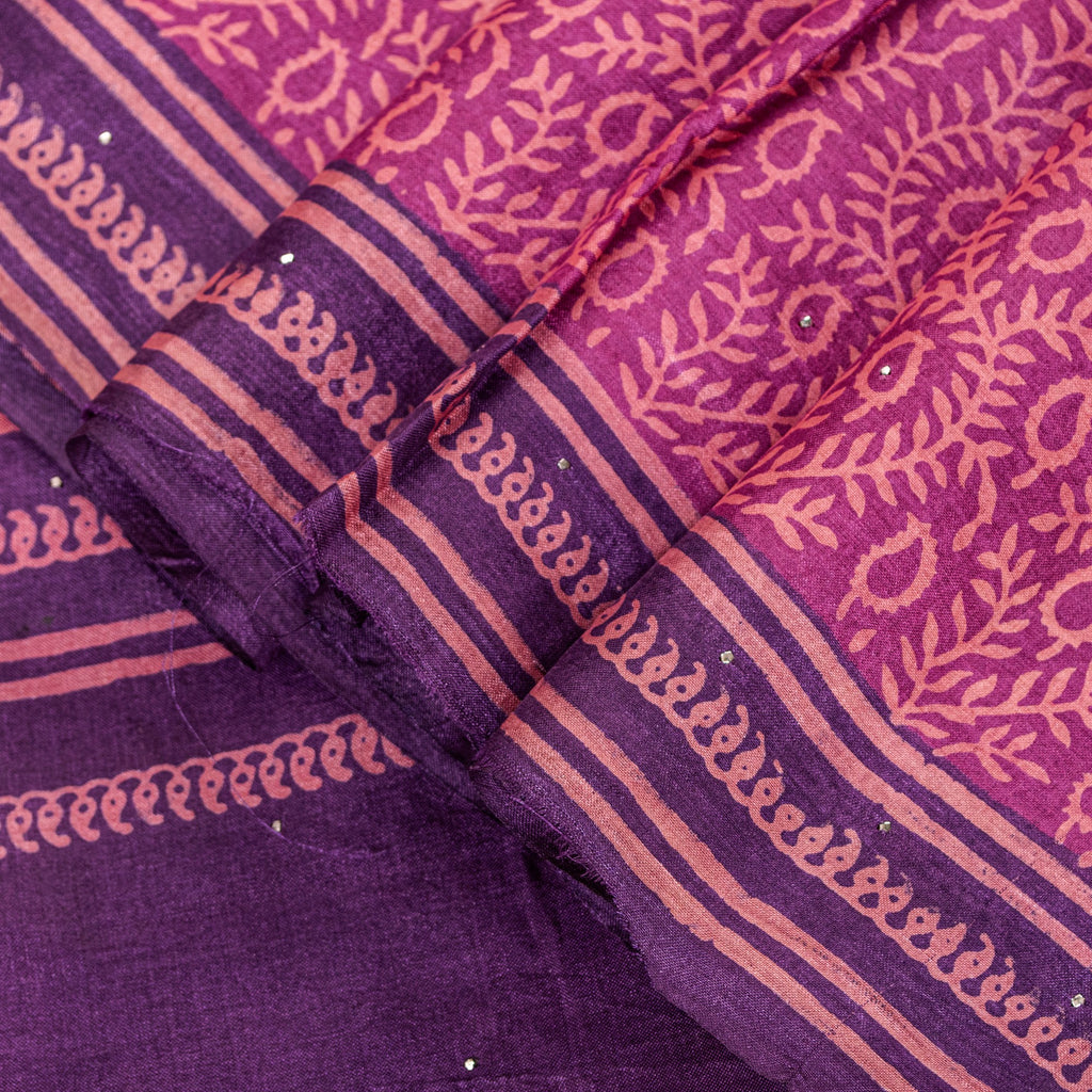 Sanskriti Vintage Pink-Purple Pure Bamboo Silk Saree Hand Block Print 6YD Fabric