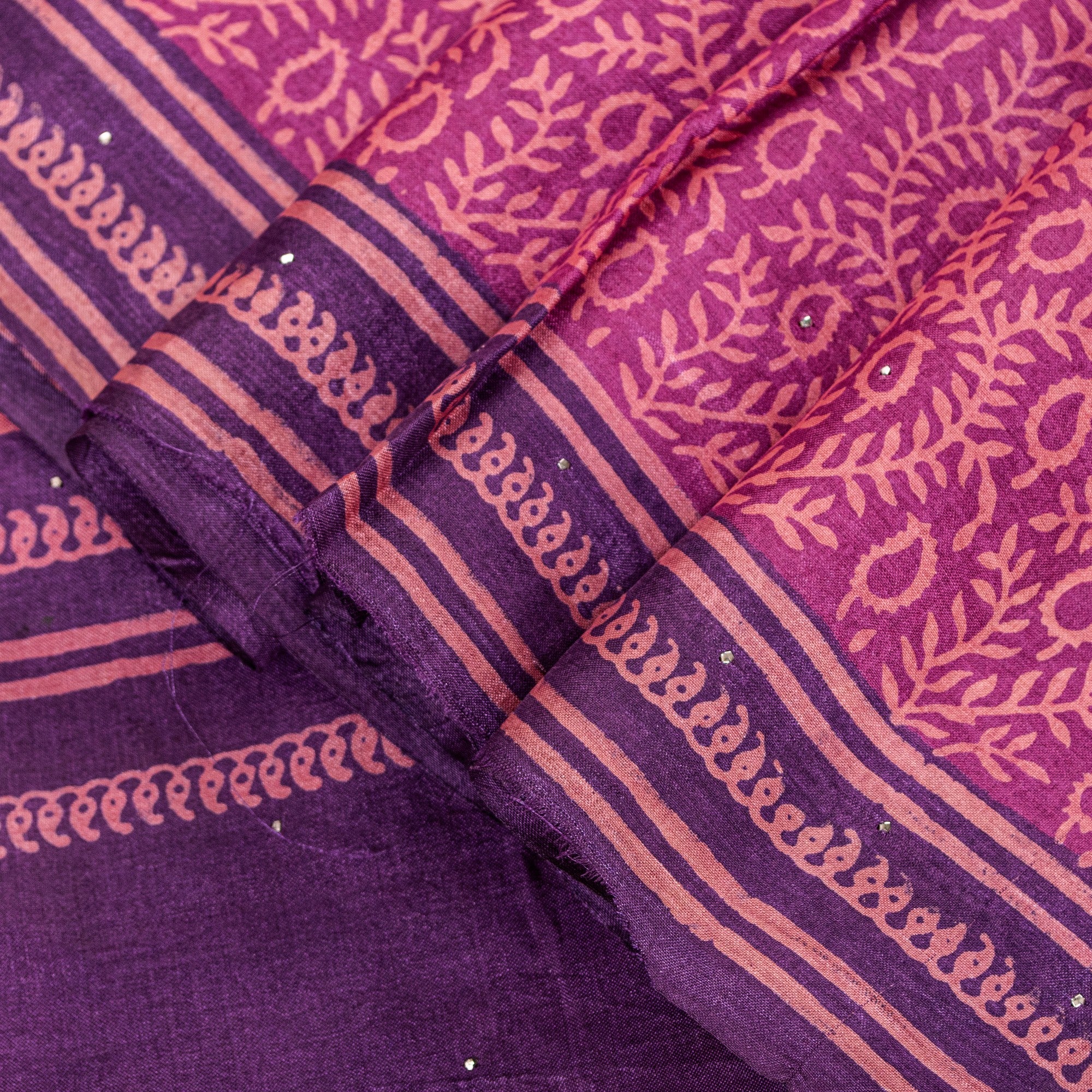 Sanskriti Vintage Pink-Purple Pure Bamboo Silk Saree Hand Block Print 6YD Fabric