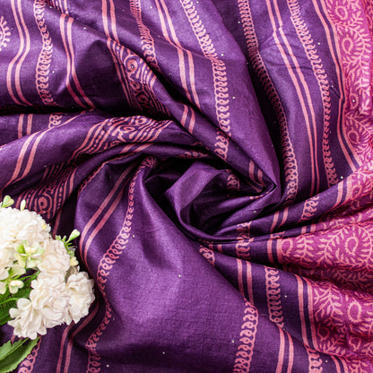 Sanskriti Vintage Saree Pink-Purple 100% Pure Bamboo Silk Hand Block Print 6Yd Fabric Uses-Table linen, Cushions, Curtains, Dressing