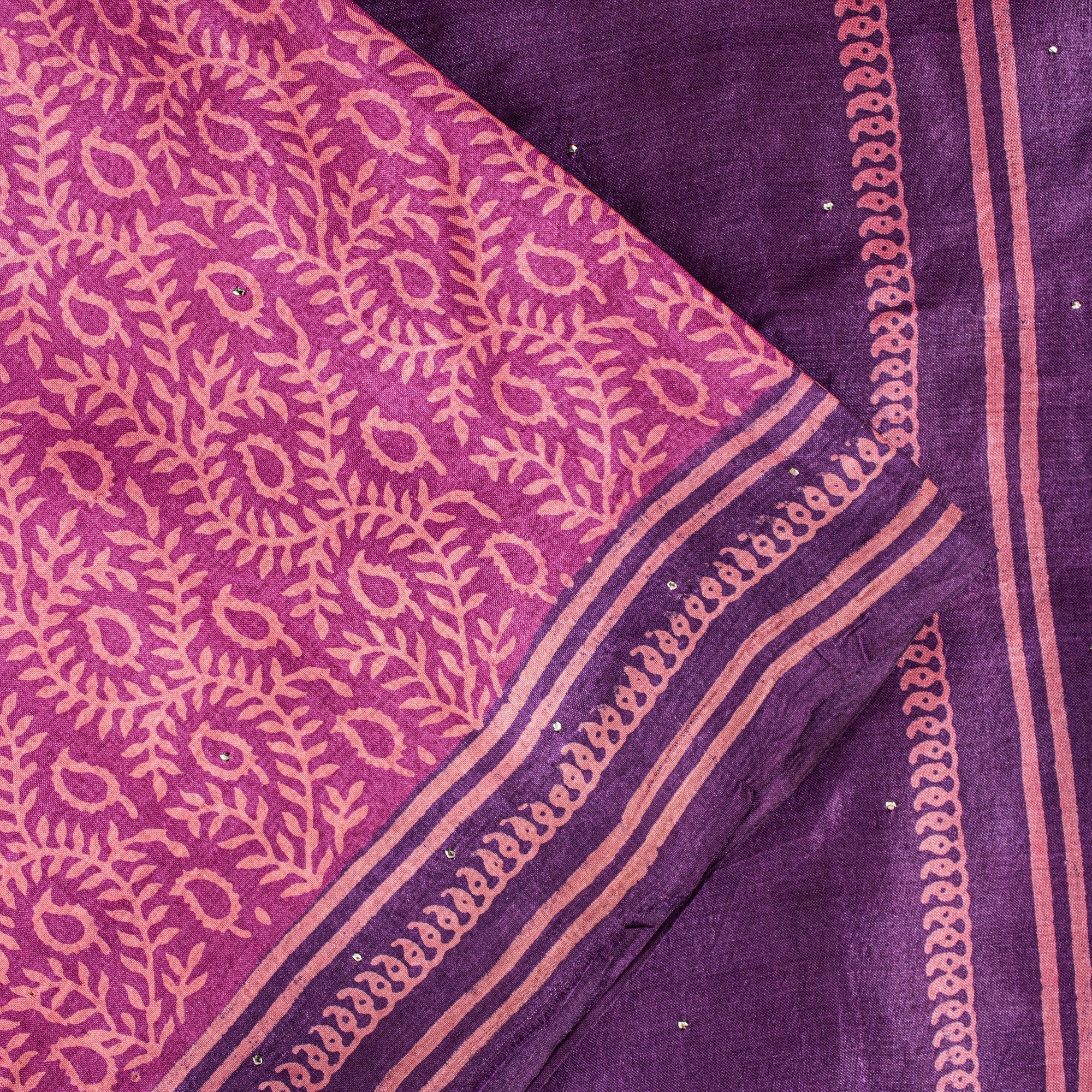 Sanskriti Vintage Pink-Purple Pure Bamboo Silk Saree Hand Block Print 6YD Fabric