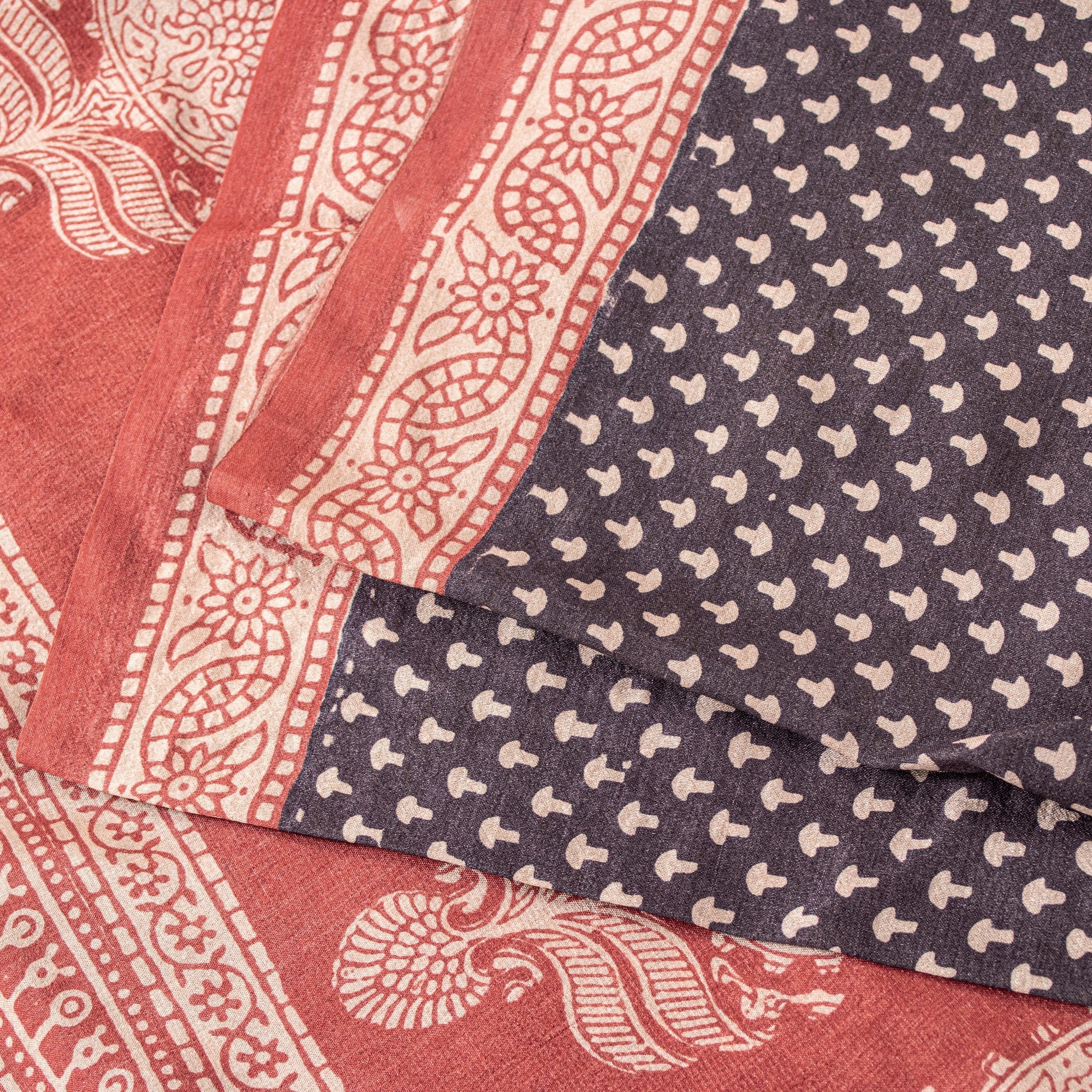 Sanskriti Vintage Sari Black-Red Pure Bamboo Silk Saree Hand Block 6.5+YD Fabric