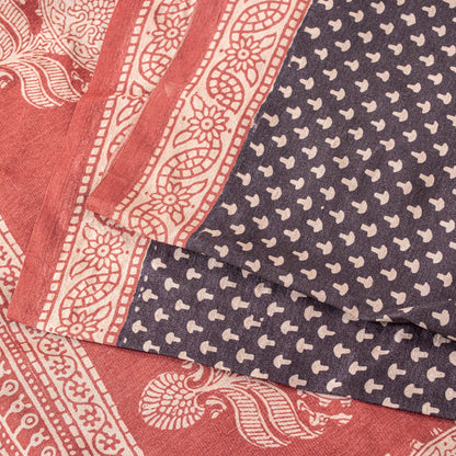 Sanskriti Vintage Sari Black-Red Pure Bamboo Silk Saree Hand Block 6.5+YD Fabric