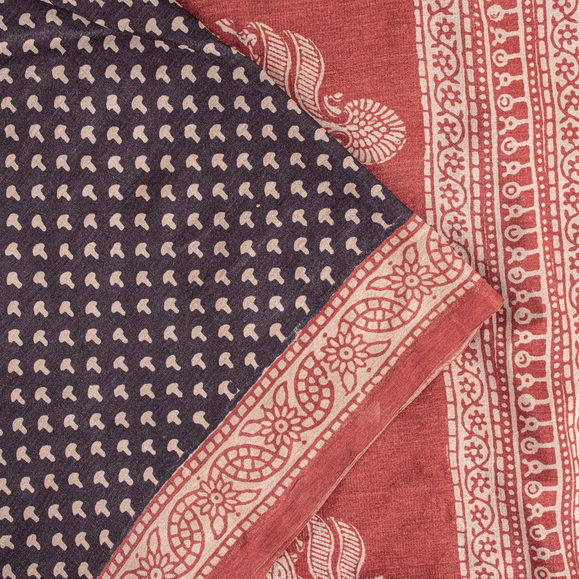 Sanskriti Vintage Sari Black-Red Pure Bamboo Silk Saree Hand Block 6.5+YD Fabric