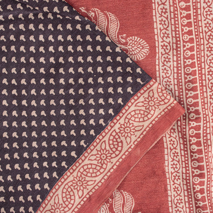 Sanskriti Vintage Sari Black-Red Pure Bamboo Silk Saree Hand Block 6.5+YD Fabric