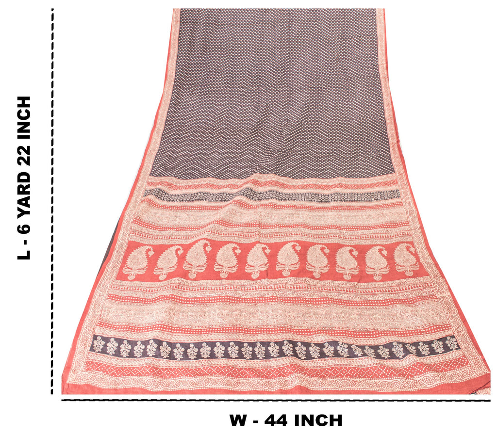 Sanskriti Vintage Sari Black-Red Pure Bamboo Silk Saree Hand Block 6.5+YD Fabric