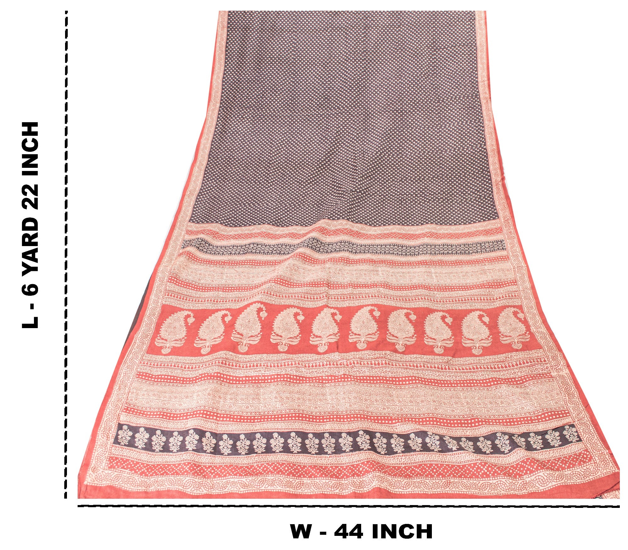 Sanskriti Vintage Sari Black-Red Pure Bamboo Silk Saree Hand Block 6.5+YD Fabric