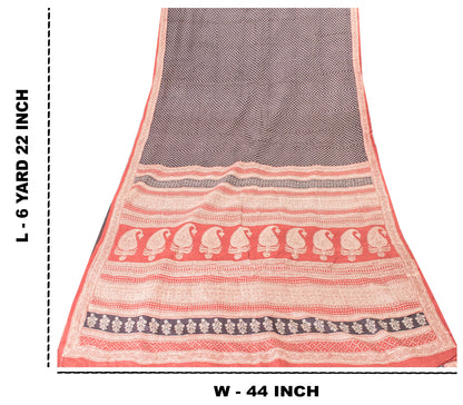 Sanskriti Vintage Sari Black-Red Pure Bamboo Silk Saree Hand Block 6.5+YD Fabric