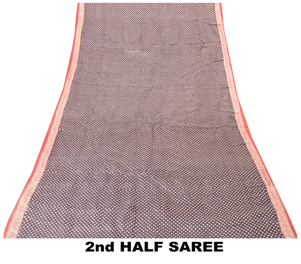 Sanskriti Vintage Sari Black-Red Pure Bamboo Silk Saree Hand Block 6.5+YD Fabric