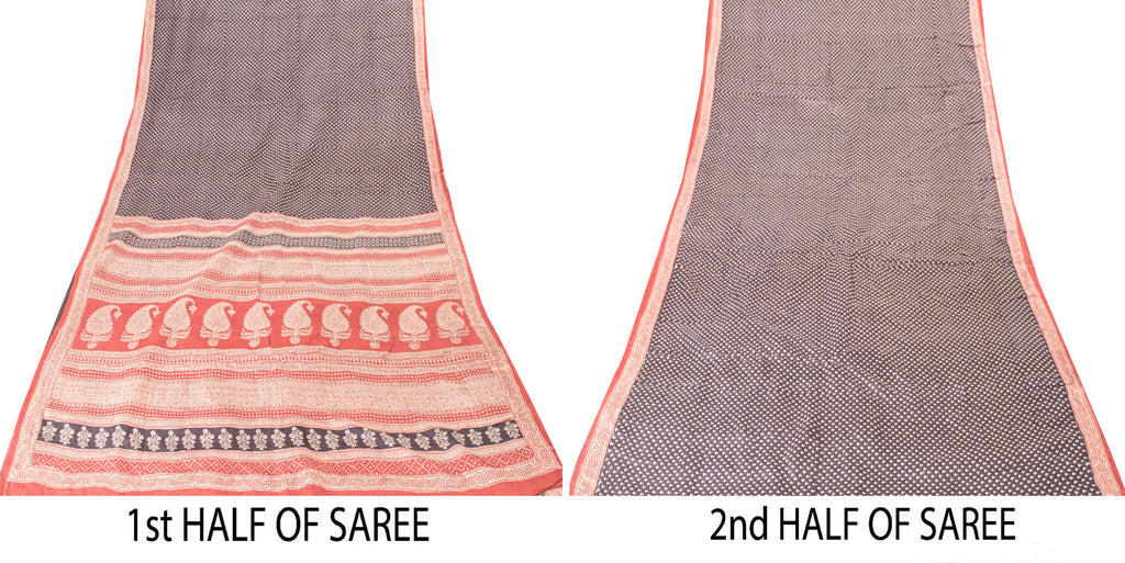 Sanskriti Vintage Sari Black-Red Pure Bamboo Silk Saree Hand Block 6.5+YD Fabric