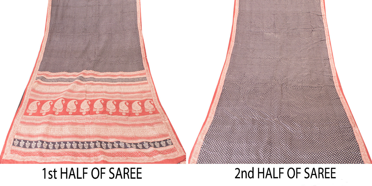 Sanskriti Vintage Sari Black-Red Pure Bamboo Silk Saree Hand Block 6.5+YD Fabric