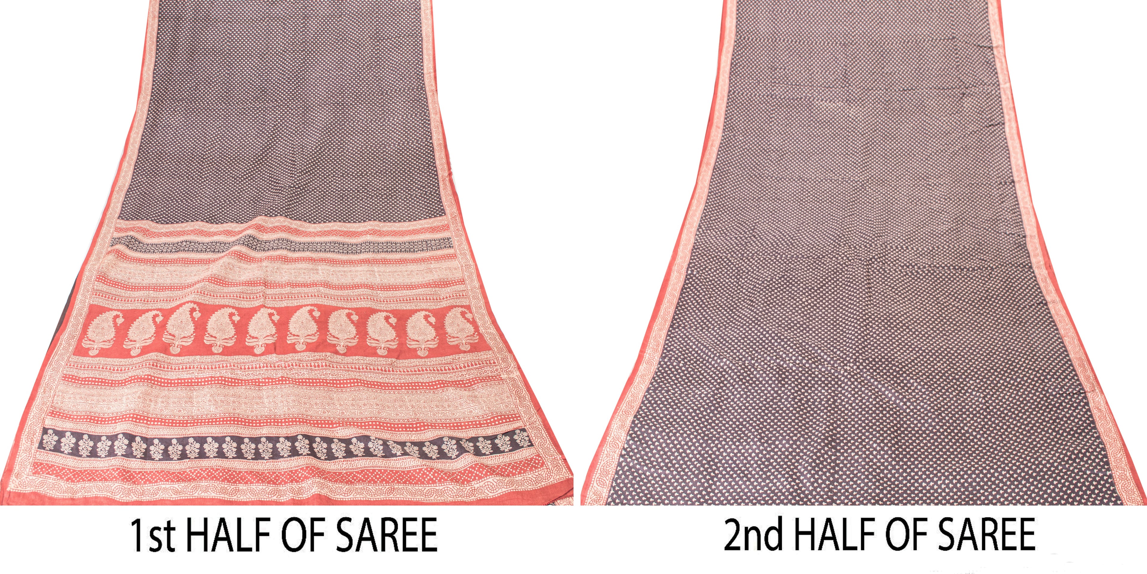 Sanskriti Vintage Sari Black-Red Pure Bamboo Silk Saree Hand Block 6.5+YD Fabric