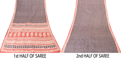 Sanskriti Vintage Sari Black-Red Pure Bamboo Silk Saree Hand Block 6.5+YD Fabric