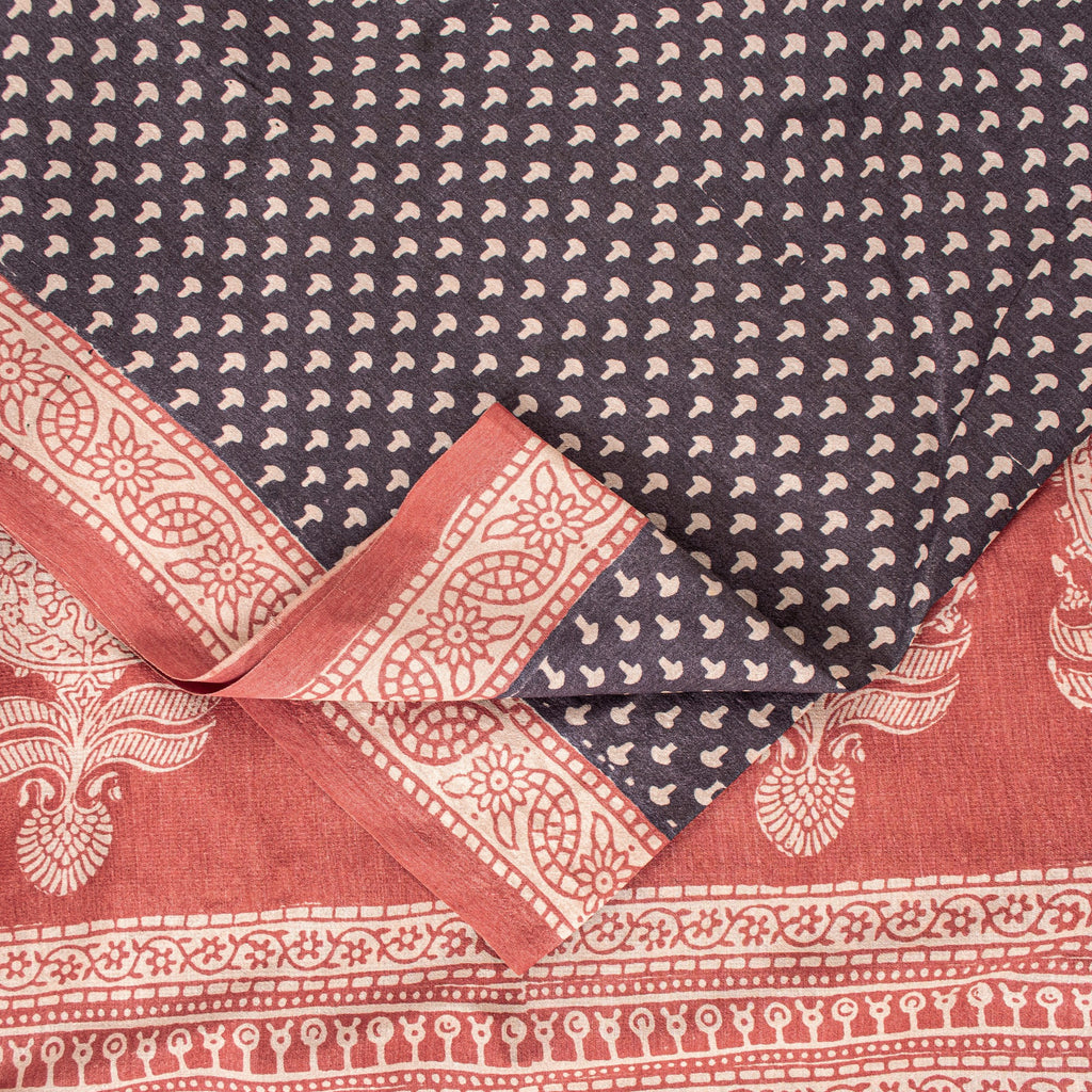 Sanskriti Vintage Sari Black-Red Pure Bamboo Silk Saree Hand Block 6.5+YD Fabric