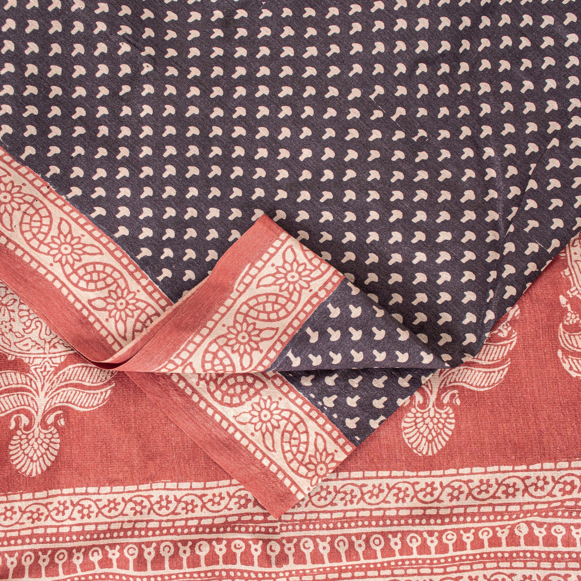 Sanskriti Vintage Sari Black-Red Pure Bamboo Silk Saree Hand Block 6.5+YD Fabric