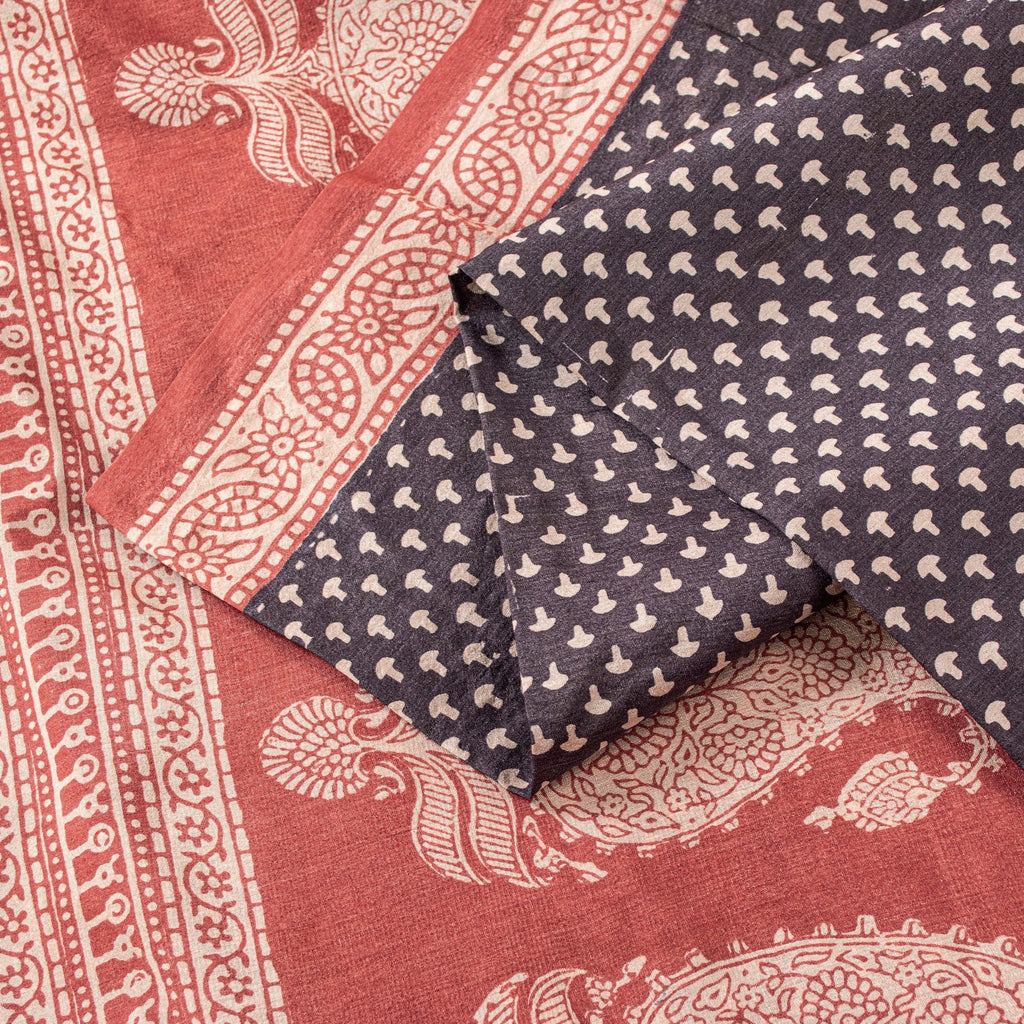 Sanskriti Vintage Sari Black-Red Pure Bamboo Silk Saree Hand Block 6.5+YD Fabric