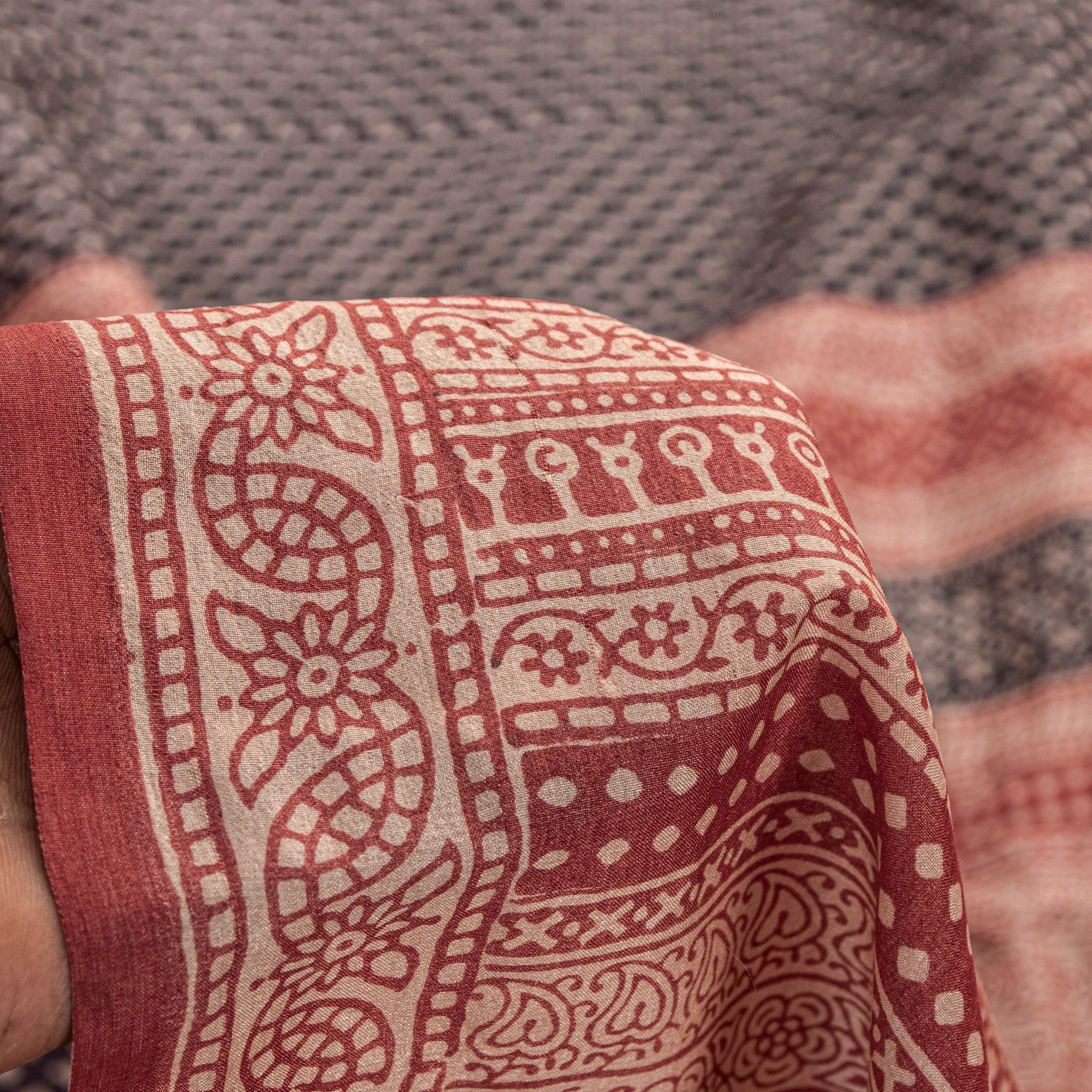 Sanskriti Vintage Sari Black-Red Pure Bamboo Silk Saree Hand Block 6.5+YD Fabric