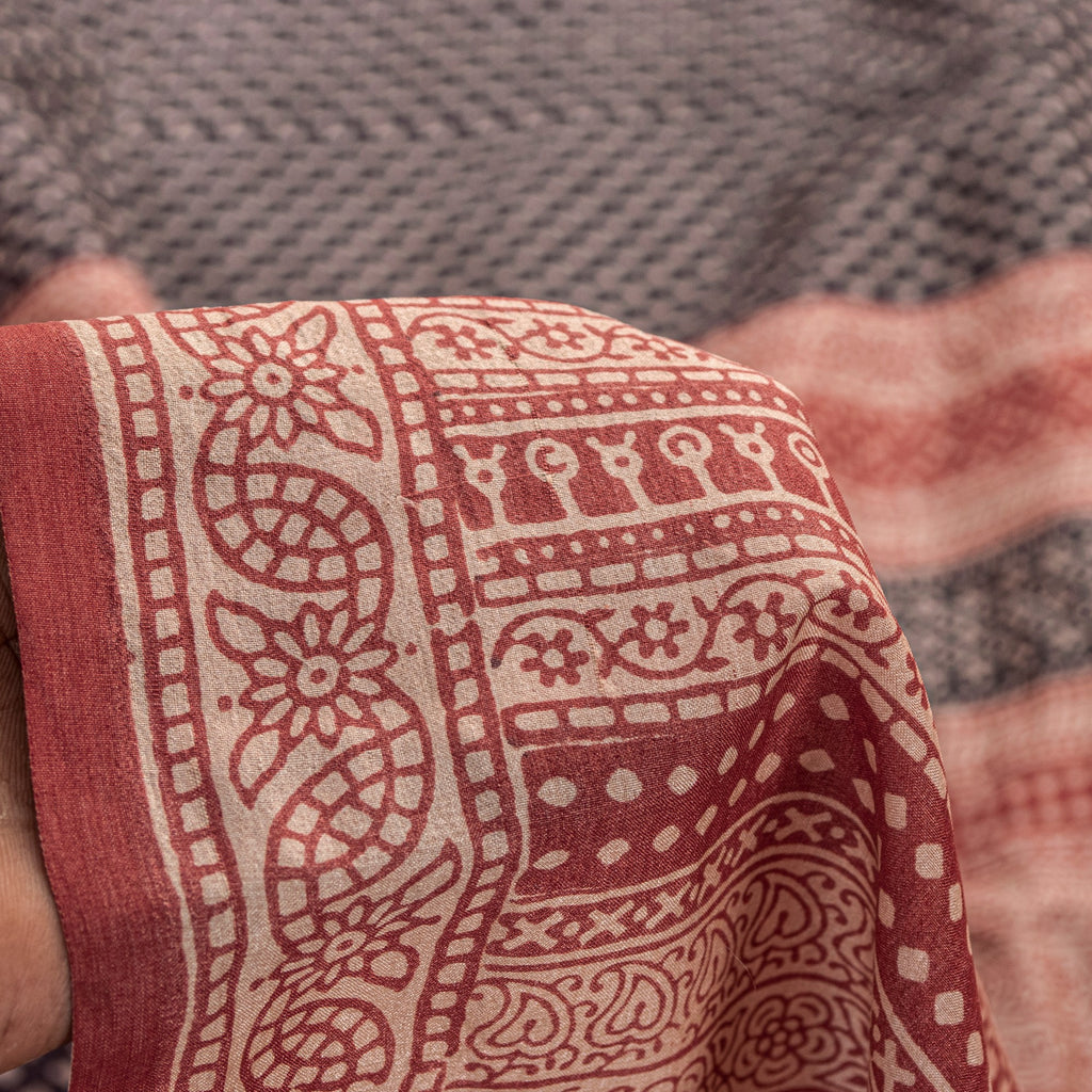 Sanskriti Vintage Sari Black-Red Pure Bamboo Silk Saree Hand Block 6.5+YD Fabric