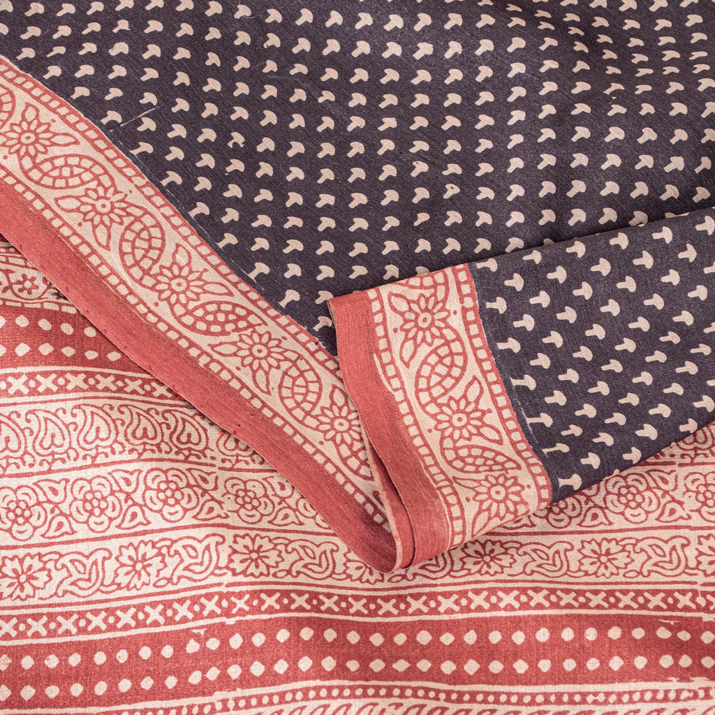 Sanskriti Vintage Sari Black-Red Pure Bamboo Silk Saree Hand Block 6.5+YD Fabric