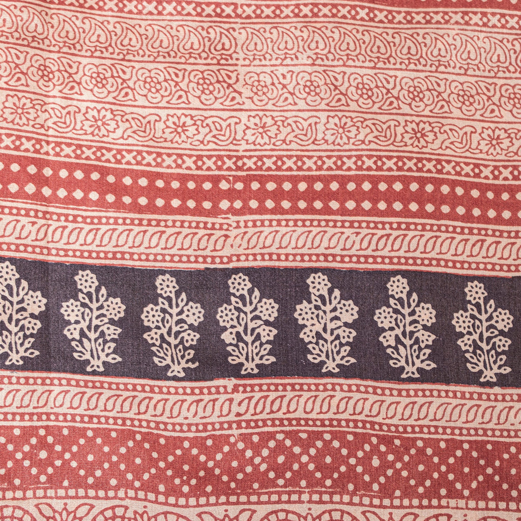 Sanskriti Vintage Sari Black-Red Pure Bamboo Silk Saree Hand Block 6.5+YD Fabric