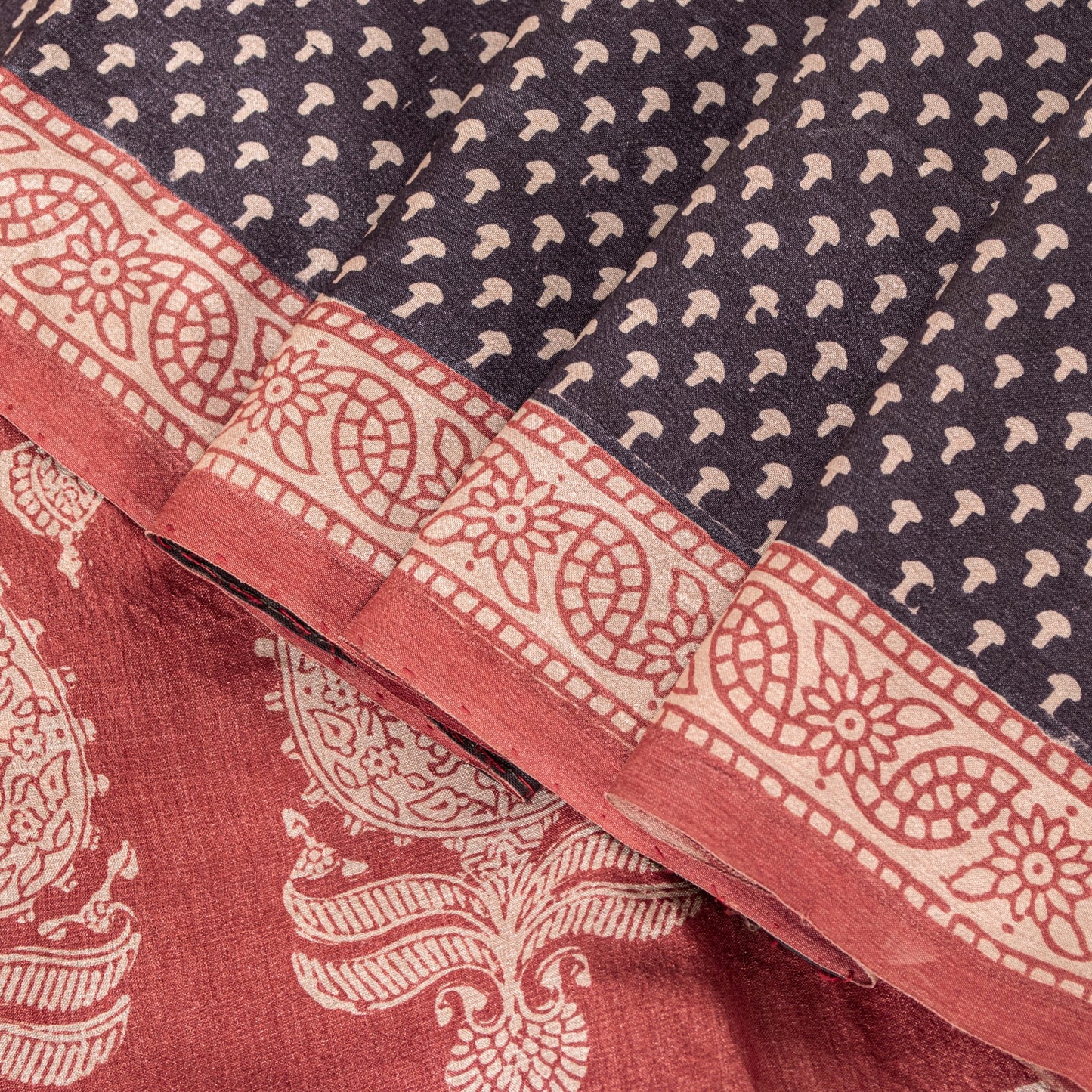 Sanskriti Vintage Sari Black-Red Pure Bamboo Silk Saree Hand Block 6.5+YD Fabric