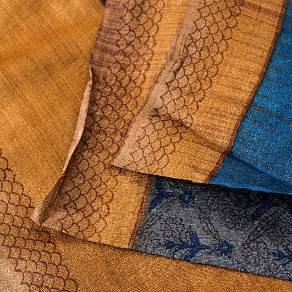 Sanskriti Vintage Sari Grayish Blue Pure Bamboo Silk Saree Hand Block Print 6+YD