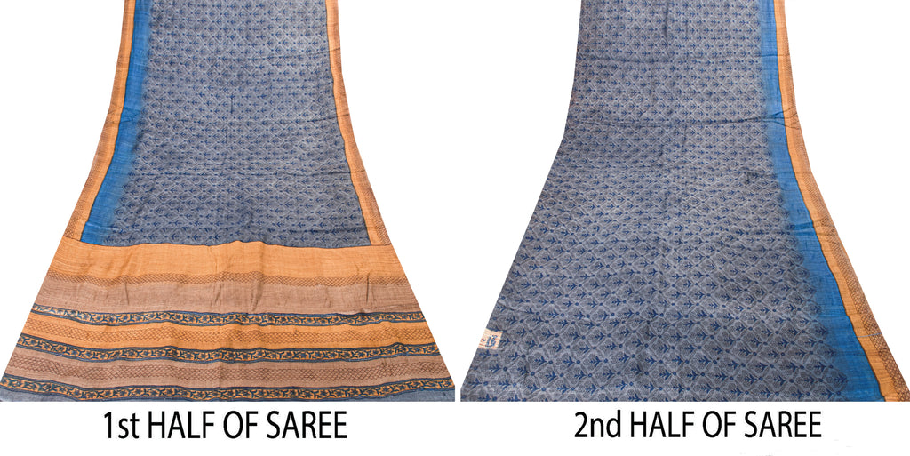Sanskriti Vintage Sari Grayish Blue Pure Bamboo Silk Saree Hand Block Print 6+YD
