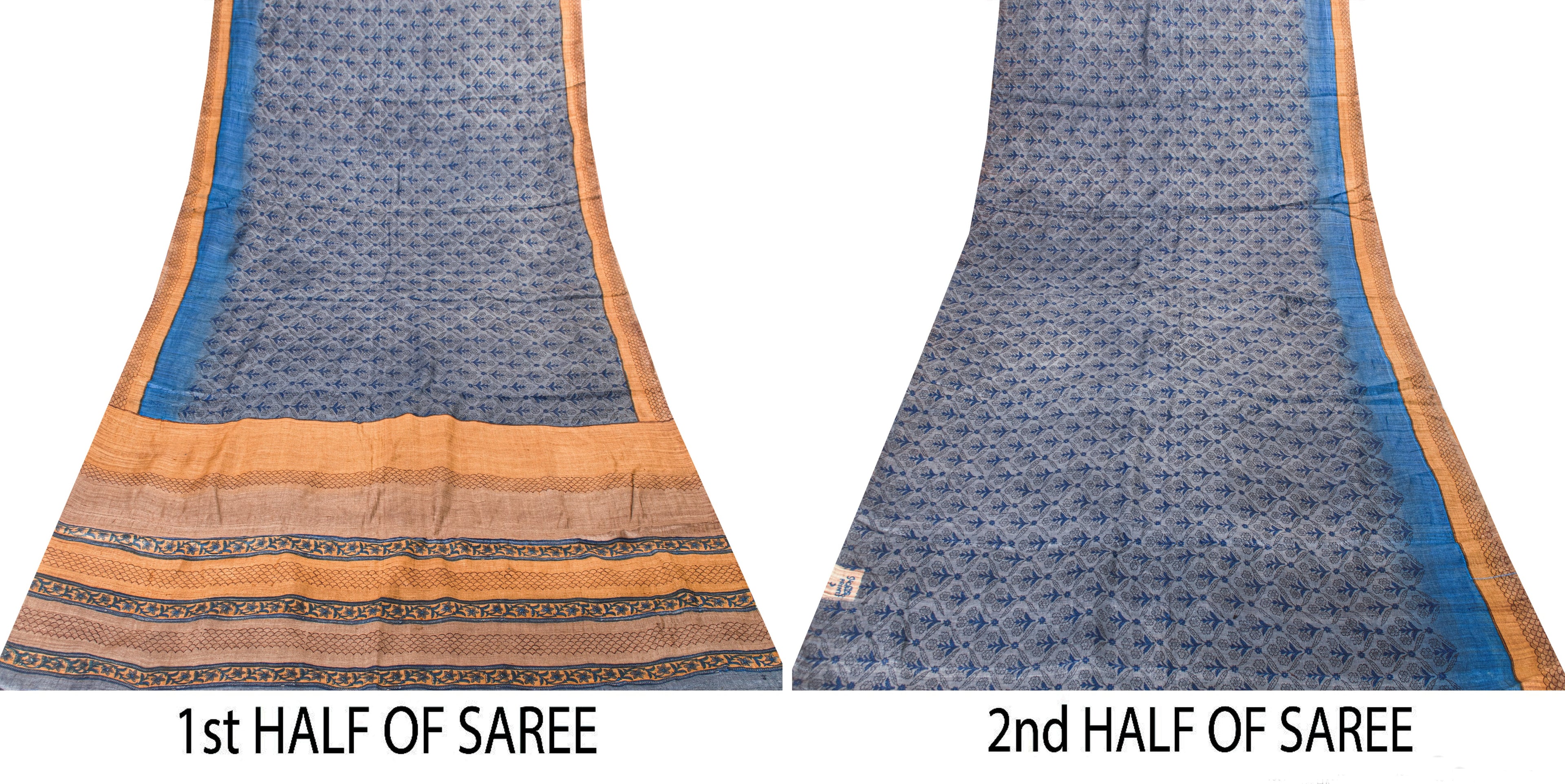 Sanskriti Vintage Sari Grayish Blue Pure Bamboo Silk Saree Hand Block Print 6+YD